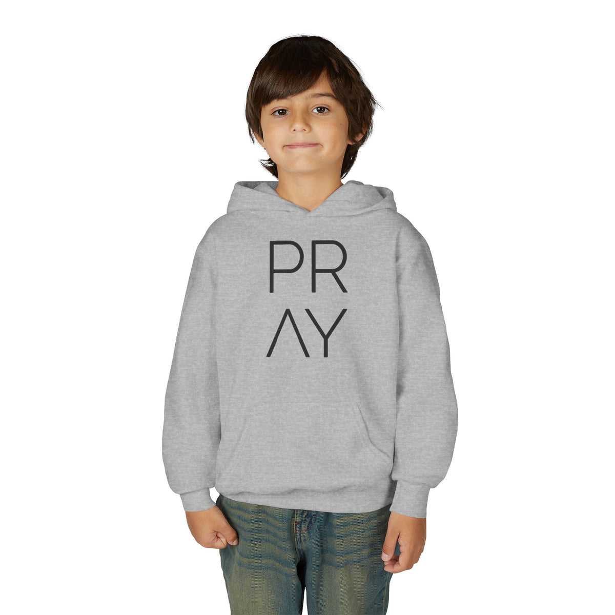 Youth Hoodie — 'PRAY' Minimal Christian Cross Pullover, Kids Faith Sweatshirt