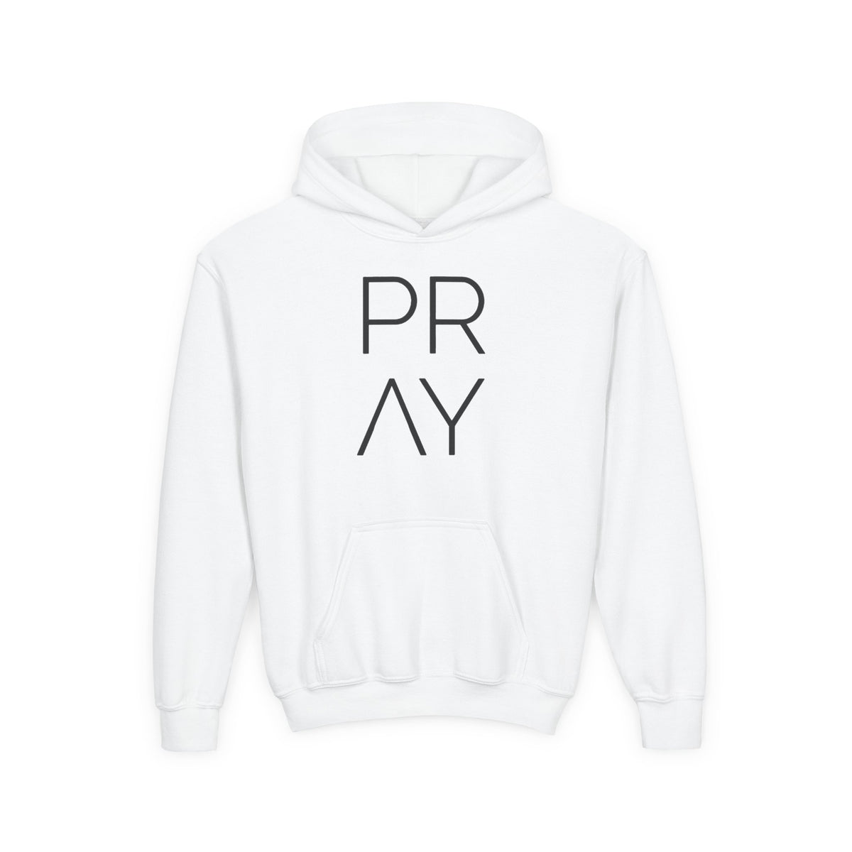 Youth Hoodie — 'PRAY' Minimal Christian Cross Pullover, Kids Faith Sweatshirt