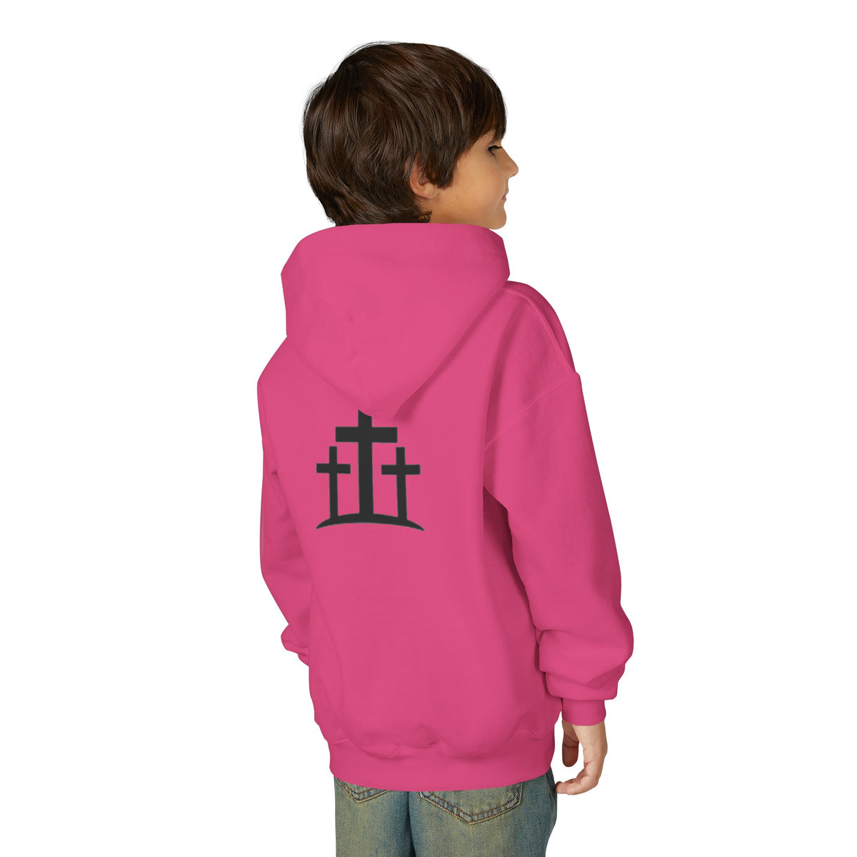 Youth Hoodie — 'PRAY' Minimal Christian Cross Pullover, Kids Faith Sweatshirt