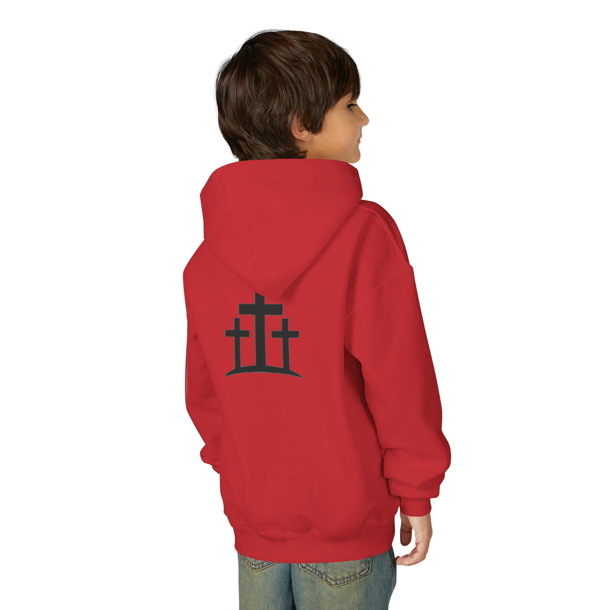 Youth Hoodie — 'PRAY' Minimal Christian Cross Pullover, Kids Faith Sweatshirt