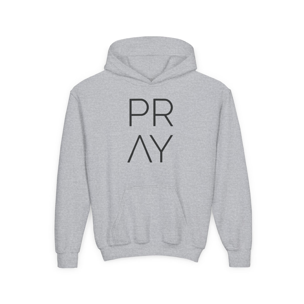Youth Hoodie — 'PRAY' Minimal Christian Cross Pullover, Kids Faith Sweatshirt