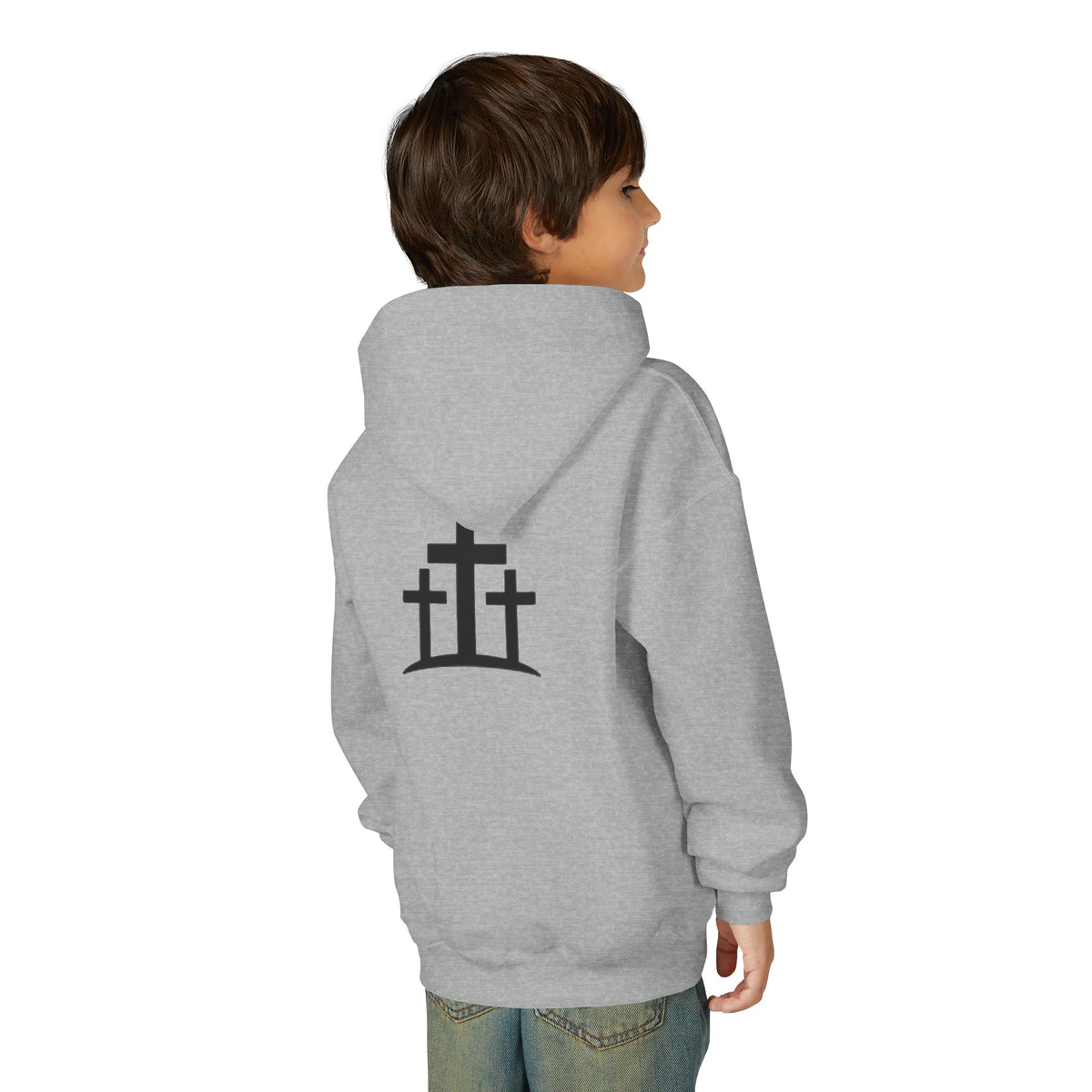 Youth Hoodie — 'PRAY' Minimal Christian Cross Pullover, Kids Faith Sweatshirt