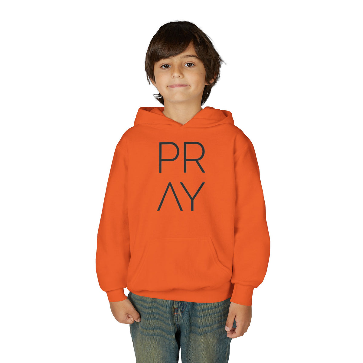 Youth Hoodie — 'PRAY' Minimal Christian Cross Pullover, Kids Faith Sweatshirt