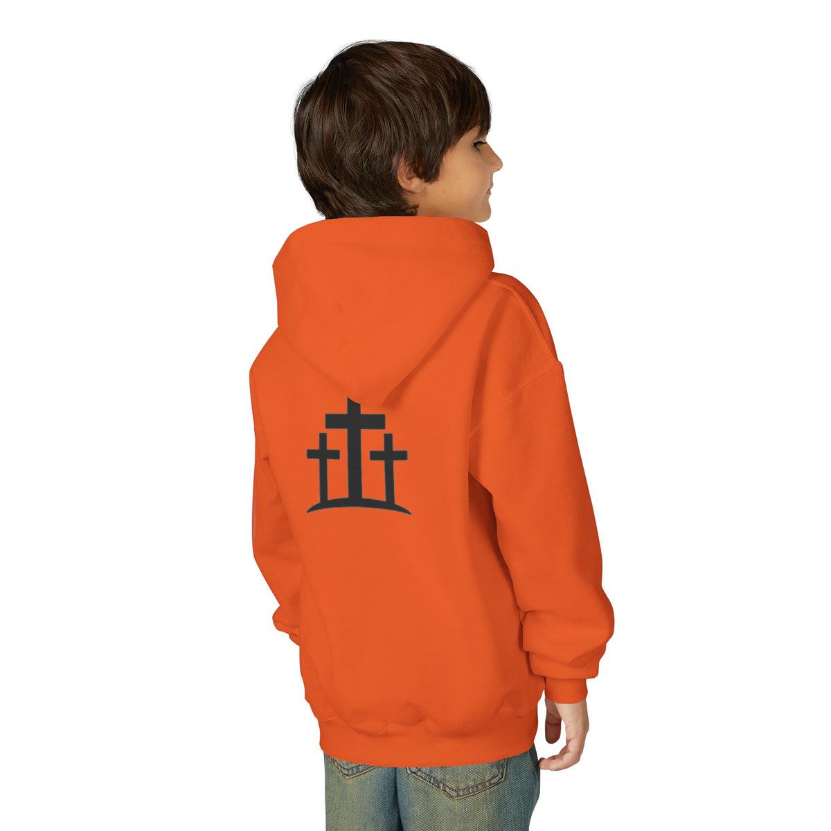 Youth Hoodie — 'PRAY' Minimal Christian Cross Pullover, Kids Faith Sweatshirt