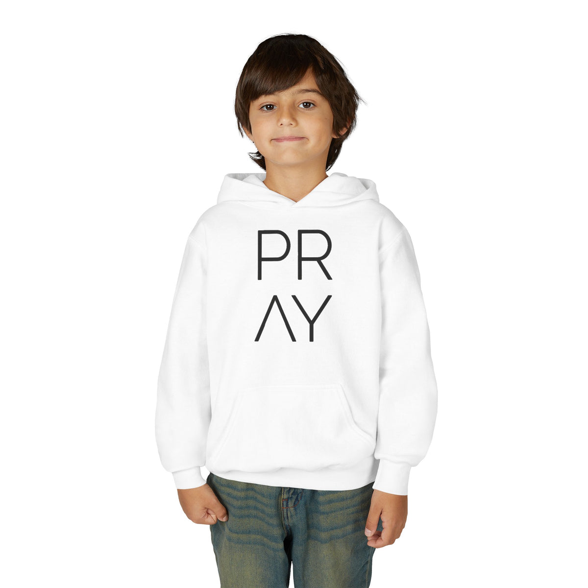 Youth Hoodie — 'PRAY' Minimal Christian Cross Pullover, Kids Faith Sweatshirt