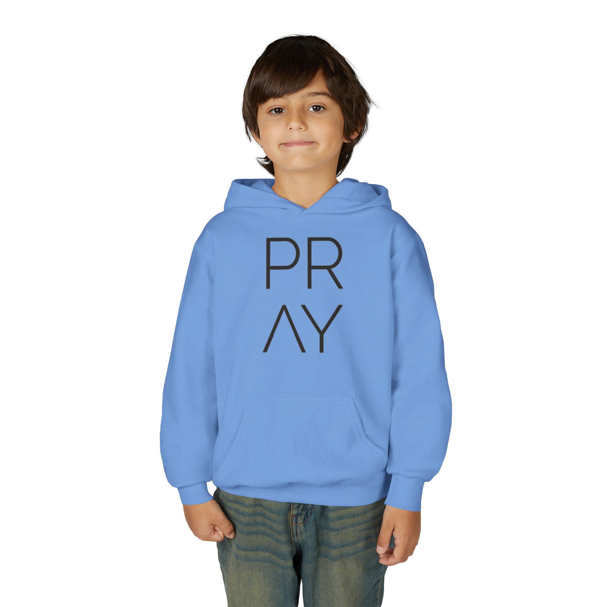 Youth Hoodie — 'PRAY' Minimal Christian Cross Pullover, Kids Faith Sweatshirt