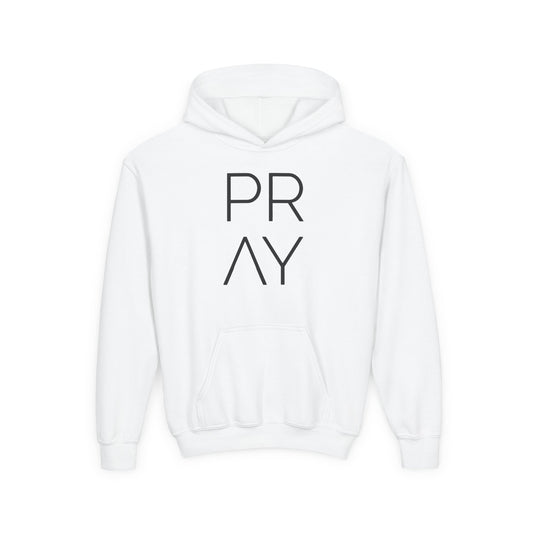 Youth Hoodie — 'PRAY' Minimal Christian Cross Pullover, Kids Faith Sweatshirt