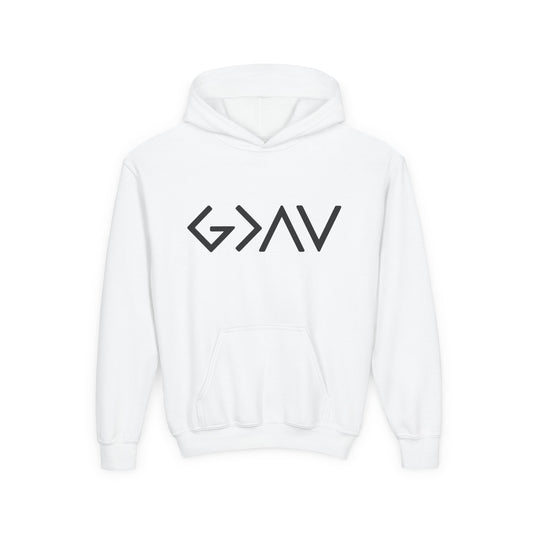 Youth Hoodie — Greater Than (G>V) Christian Cross Back Design