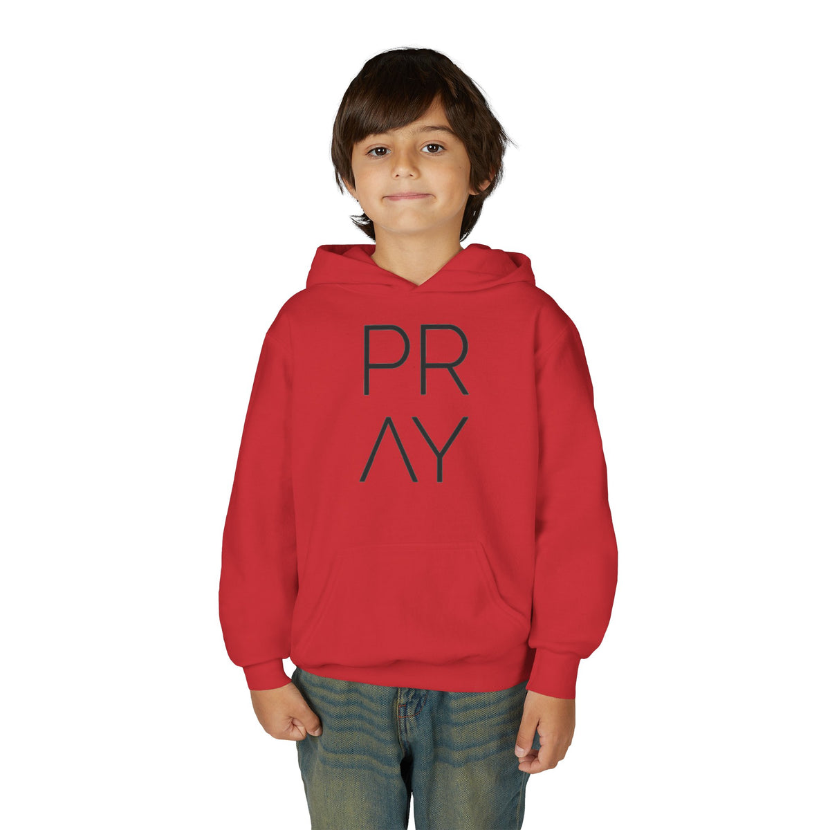 Youth Hoodie — 'PRAY' Minimal Christian Cross Pullover, Kids Faith Sweatshirt