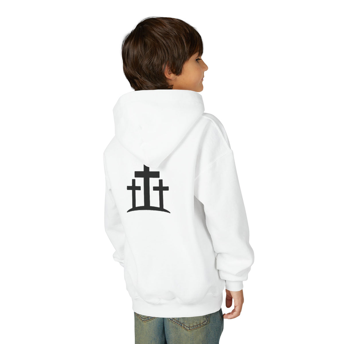 Youth Hoodie — 'PRAY' Minimal Christian Cross Pullover, Kids Faith Sweatshirt
