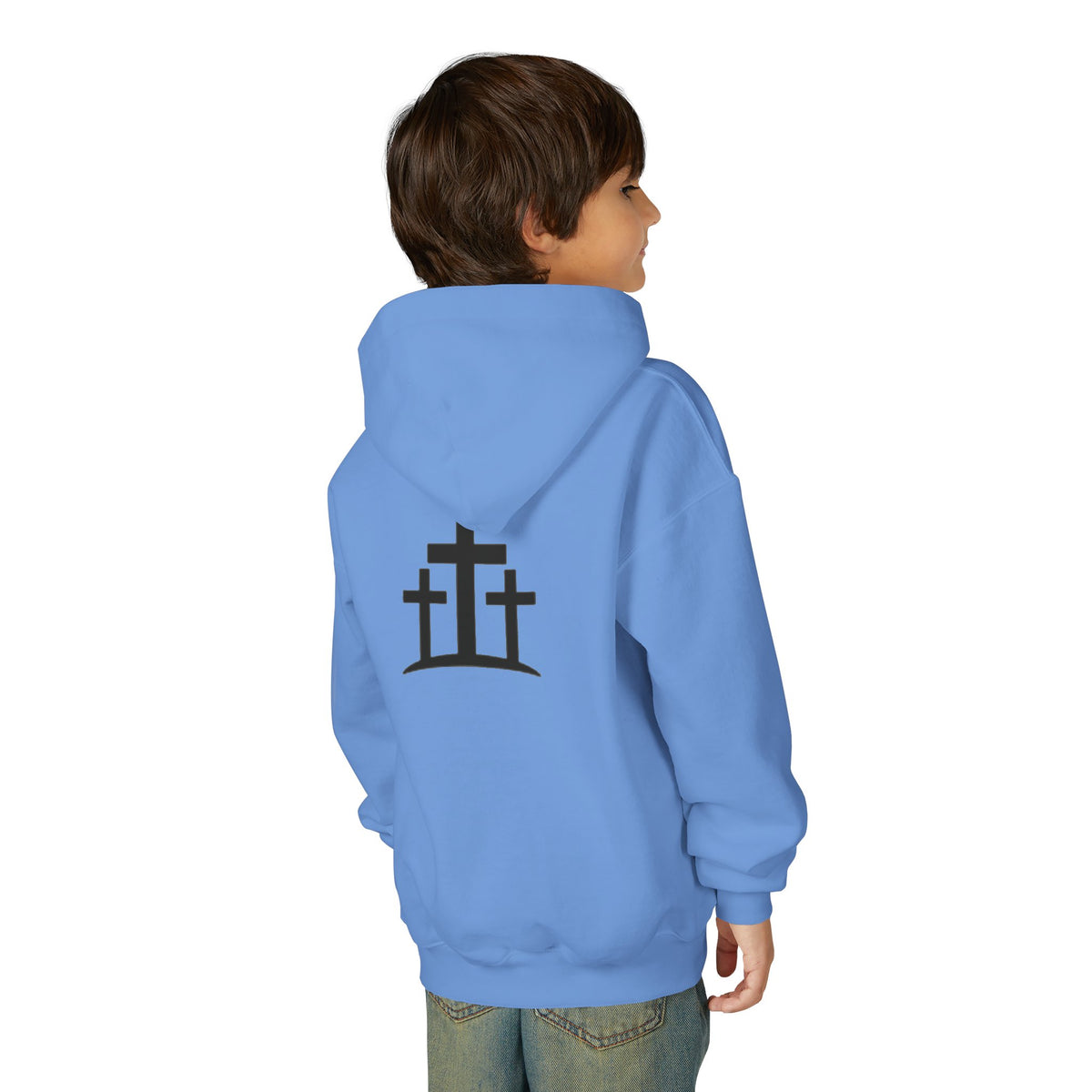 Youth Hoodie — 'PRAY' Minimal Christian Cross Pullover, Kids Faith Sweatshirt