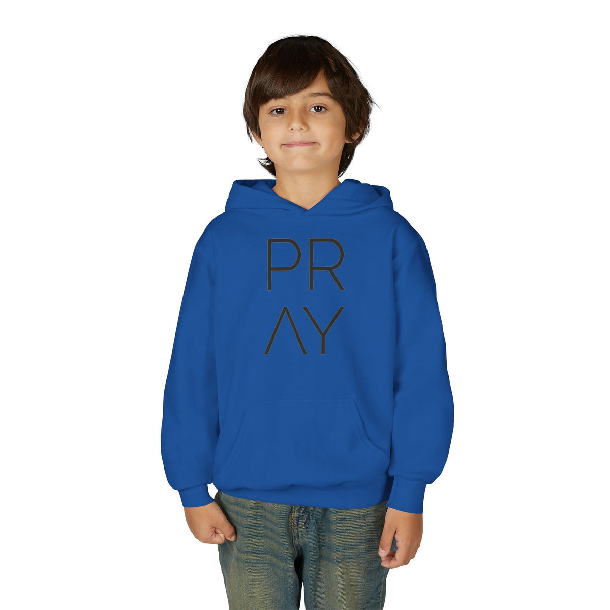 Youth Hoodie — 'PRAY' Minimal Christian Cross Pullover, Kids Faith Sweatshirt