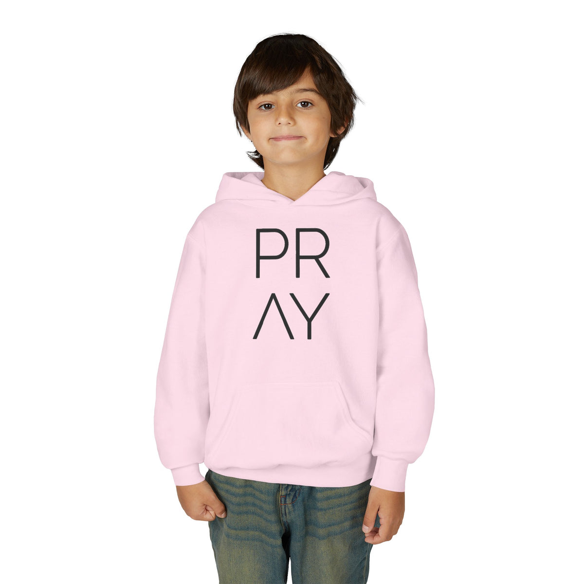 Youth Hoodie — 'PRAY' Minimal Christian Cross Pullover, Kids Faith Sweatshirt