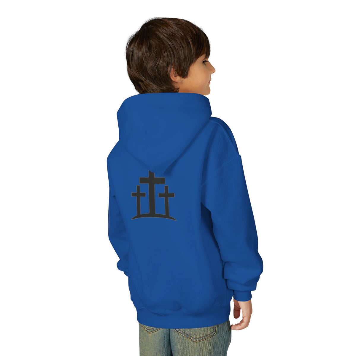 Youth Hoodie — 'PRAY' Minimal Christian Cross Pullover, Kids Faith Sweatshirt