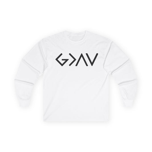 Christian Faith Long Sleeve Tee — “G>V” Front & Triple Cross Back