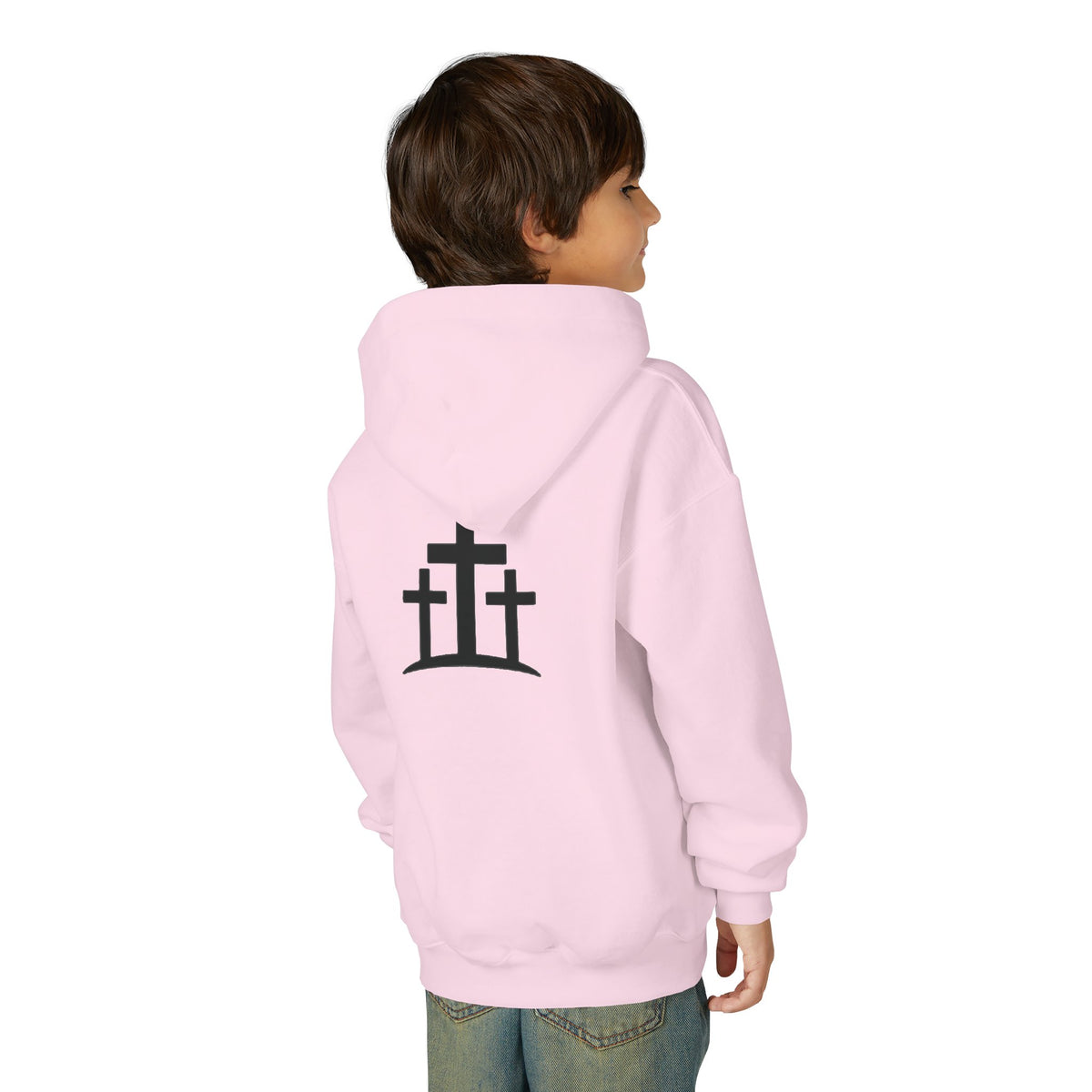 Youth Hoodie — 'PRAY' Minimal Christian Cross Pullover, Kids Faith Sweatshirt