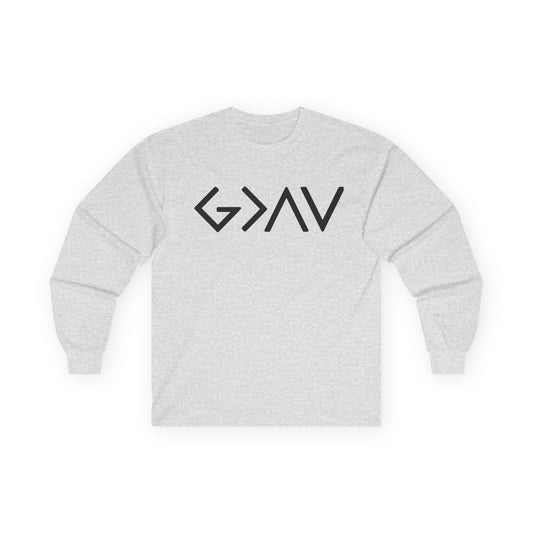 Christian Faith Long Sleeve Tee — “G>V” Front & Triple Cross Back