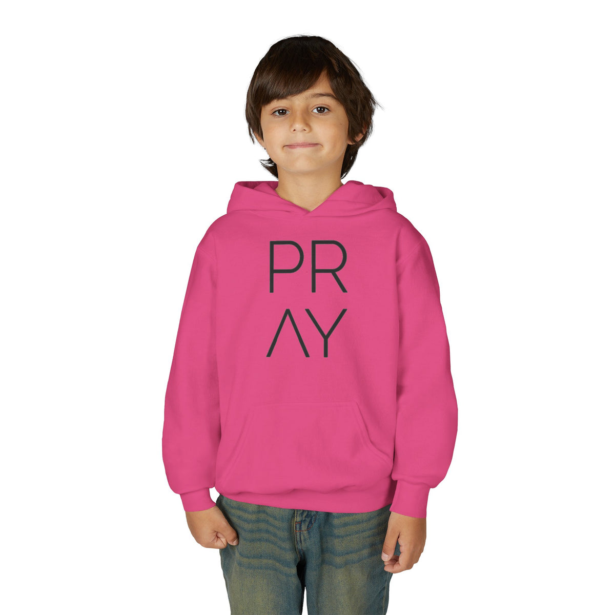 Youth Hoodie — 'PRAY' Minimal Christian Cross Pullover, Kids Faith Sweatshirt